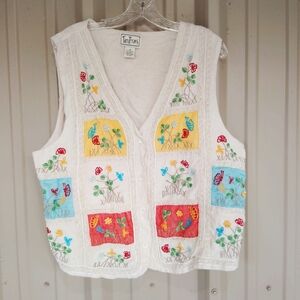 Women's Trantrums Off White Embroidered Floral Vest Plus Size 1X Cotton & Linen